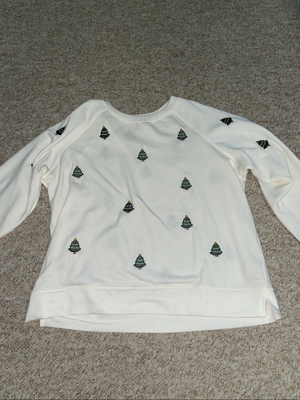 Philosophy Ivory Sweatshirt with Embroidered Green Christmas Trees